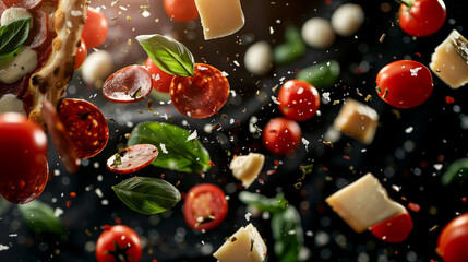 Flying Pizza Ingredients with Pepperoni, Basil, and Cheese