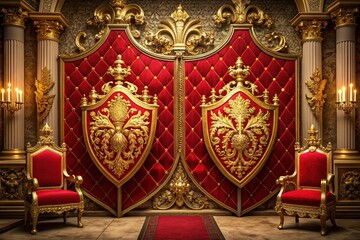 Luxurious gold canvas backdrop featuring two majestic red shields with intricate designs and ornate details, evoking a sense of power, nobility, and ancientheritage.