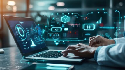 Doctor Using a Laptop with Futuristic Medical Interface
