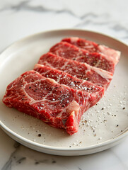 Obraz premium Raw ribeye steak seasoned with salt and pepper on a plate.