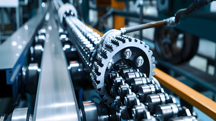 Fototapeta premium Gear chain drive shaft in conveyor belt is on production line. Timing chain of car, tensioners in engine. Industrial roller chain, technology. Team work, business industrial concept