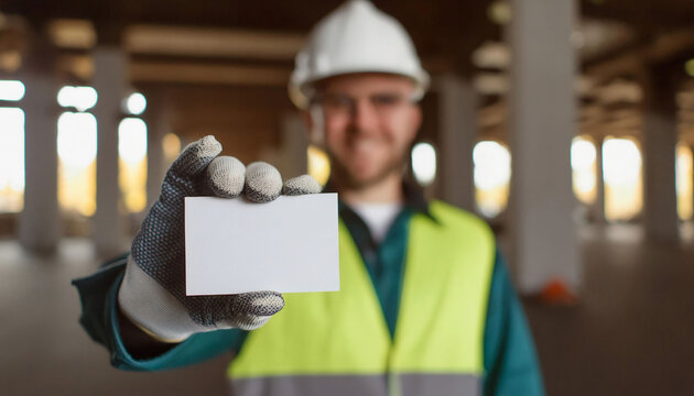 Worker man with helmet, safety vest at construction site, holding an empty business card close to the camera, focus on the business card mockup.