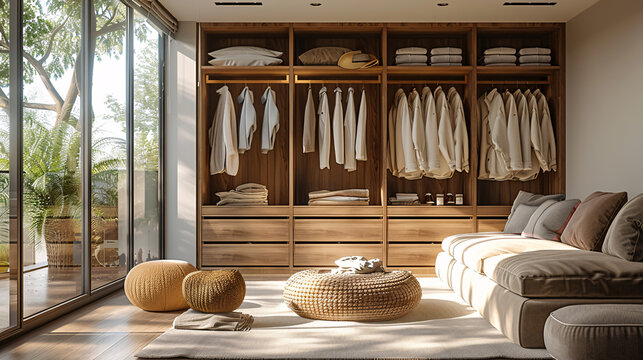 Modern walk-in closet with organized shelves, drawers, and hanging spaces. Natural light illuminates the wooden finishes, creating a stylish, functional area for wardrobe storage and dressing