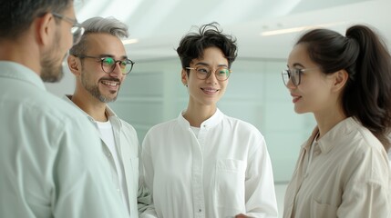 Fototapeta premium Portrait of business professionals discussing in a bright office, illustrating the synergy of teamwork, moral integrity, and environmental awareness in driving profitable practices Illustration,
