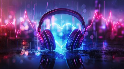 Neon heart beats with headphones and sound waves in digital space on purple background
