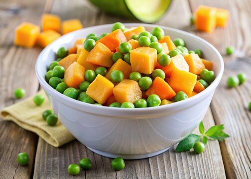 Freshly prepared mix of vibrant green peas, orange carrots, and yellow sweet potatoes in a white bowl, showcasing a nutritious baby food recipe.