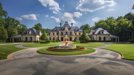 Obraz premium An elegant exterior view of a luxury mansion with a circular driveway, manicured lawns, and a picturesque fountain in the center.