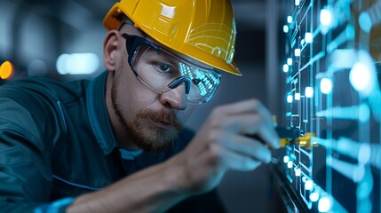 Double exposure of an engineer adjusting electrical systems in a twilight factory, emphasizing hard work and modern technology in their work Illustration, Image, , Minimalism,