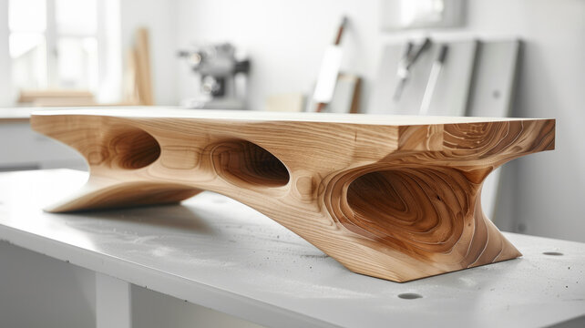 Contemporary wooden bench with abstract design