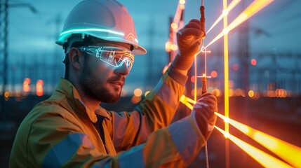 Double exposure of an engineer working on electrical systems at twilight, showcasing hard work and modern technology in industrial settings Illustration, Image, , Minimalism,