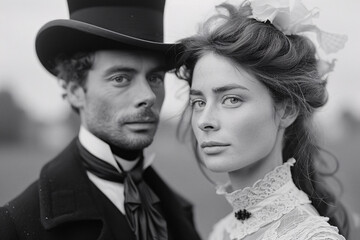 A black-and-white portrait of a couple dressed in vintage clothing, standing outdoors, with the woman wearing a high-collared lace dress and the man in a top hat