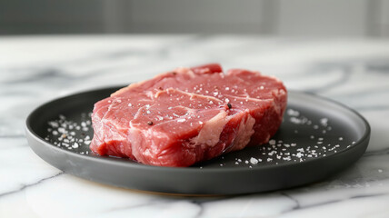Raw beef steak on a black plate with salt