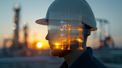 Silhouette of a technician at an oil refinery at twilight, with double exposure of advanced electrical components, illustrating hard work and technological advancements Illustration, Image, ,