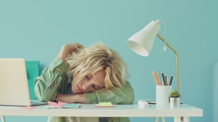 The woman sleeping at desk