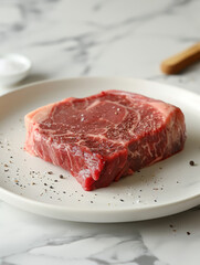 Fototapeta premium Raw ribeye steak with seasoning on a white plate.