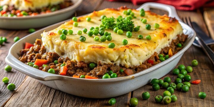 Hearty French-inspired shepherd's pie featuring tender minced beef, saut&eacute;ed vegetables, and green peas topped with a crispy layer of golden mashed potatoes.