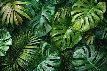 A vibrant arrangement of overlapping tropical leaves, including monstera and palm leaves, creating a lush, green, and dynamic foliage pattern