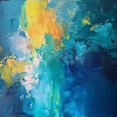 A vibrant abstract painting featuring bold blues, greens, and yellows with dynamic brush strokes and textured elements creating an expressive artwork.