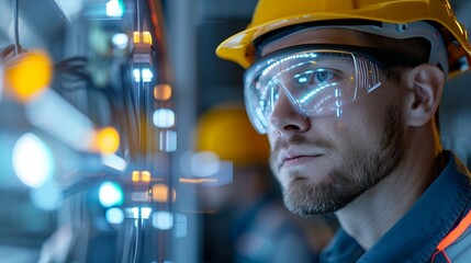 Double exposure image of engineers in a factory at twilight, demonstrating the dedication and modern technology driving their electrical and mechanical tasks Illustration, Image, , Minimalism,