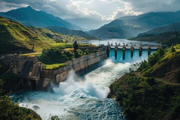 Dam Overflowing with Water in a Mountainous Landscape