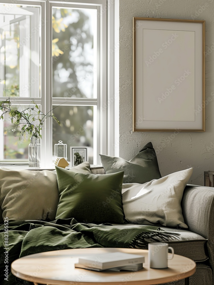 Poster A cozy corner of a living room with green and beige cushion arrangements on a couch, placed next to a bright window and a blank frame on the wall.