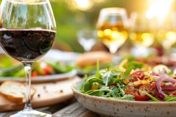 Happy family and friends dining and drinking red wine at the dinner party, Focus on wine glass