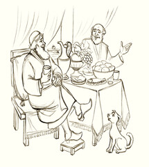 Pencil drawing. The rich man is feasting