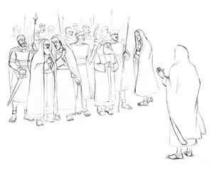 Pharisees and high priests with soldiers in Gethsemane. Pencil drawing