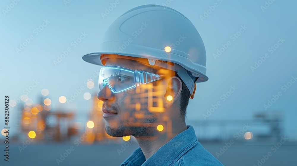 Wall mural double exposure of an engineer adjusting factory equipment in a twilight setting, emphasizing the ha