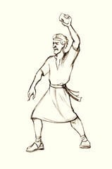 Pencil drawing. Man throw a big stone