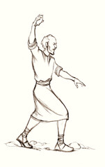 Pencil drawing. Man throw a big stone