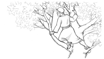 Zacchaeus. The man in the tree looks out into the crowd. Pencil drawing