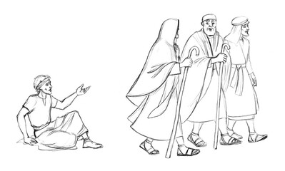 Blind Bartimaeus asks Christ for healing by the roadside