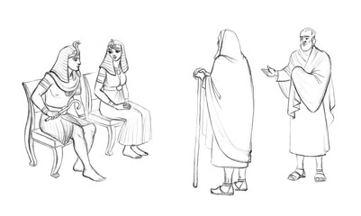 Moses and Aaron before Pharaoh. Pencil drawing