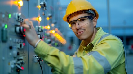 Double exposure of an engineer working on electrical systems at twilight, highlighting the hard work and modern technology in industrial settings Illustration, Image, , Minimalism,