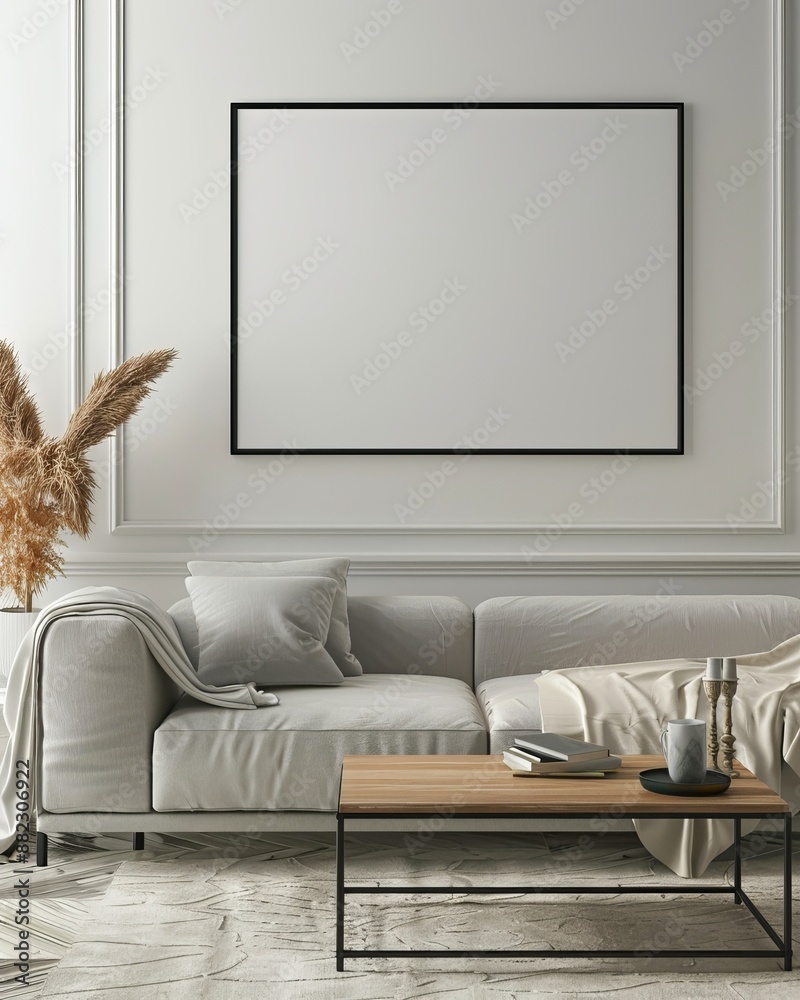 Canvas Prints A modern living room marked by its elegant atmosphere, featuring white furniture and layered textiles for a calm and refined aesthetic.