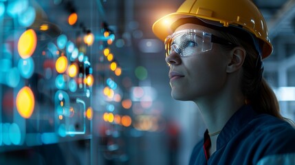 Silhouette of a dedicated technician at twilight, with double exposure of modern electrical systems, emphasizing the determination and technological advancements in factories Illustration, Image, ,