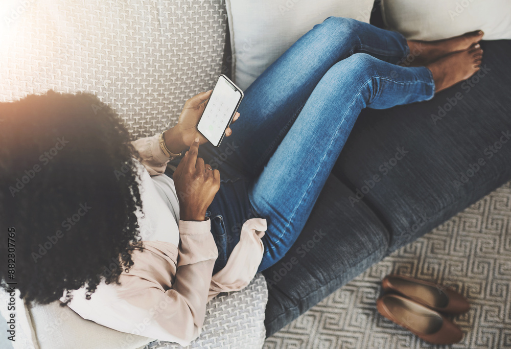 Aufkleber black woman, couch or relax with phone screen or mockup with biometric encryption, password or code 
