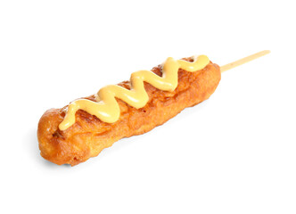 Tasty corn dog with mustard on white background