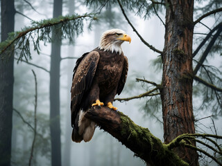 Bald Eagle in the Mystical Fog of the Forest.