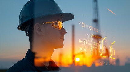 Silhouette of a technician at an oil refinery during twilight, with double exposure of advanced electrical components, representing their hard work and technological advancements Illustration, Image,