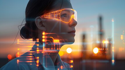 Silhouette of a technician at an oil refinery during twilight, with double exposure of advanced electrical components, representing their hard work and technological advancements Illustration, Image,