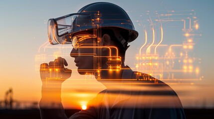Silhouette of a technician at an oil refinery during twilight, with double exposure of advanced electrical systems, highlighting their hard work and technological advancements Illustration, Image, ,