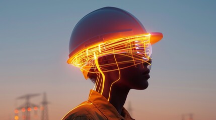 Silhouette of a technician at twilight, with double exposure of modern electrical systems, representing the hard work and technological progress in factories Illustration, Image, , Minimalism,