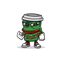 a green coffee cup mascot with a hyped, slightly furious expression, wearing a gold chain, white gloves, and red sneakers