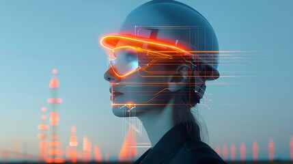 Silhouette of a technician at twilight, with double exposure of modern electrical systems, representing the hard work and technological progress in factories Illustration, Image, , Minimalism,