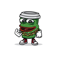 a green coffee cup mascot with a hyped, friendly expression, adorned with a gold chain, white gloves, and red sneakers, exuding a cool and energetic vibe