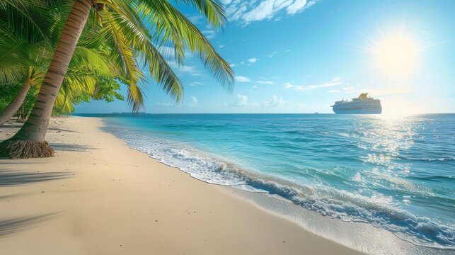 tropical travel destination, tropical beach with palm trees, sunlit ambiance, cruise ship afar, and world tourism day banner for your message celebration - Powered by Adobe