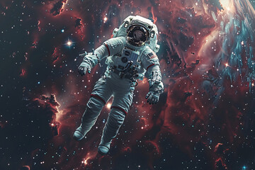 Fototapeta premium An astronaut floats in the vastness of space, surrounded by vibrant nebulae and distant stars, capturing the serenity and wonder of the cosmos