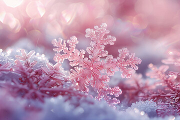 Detailed pink snowflake in focus, resting on a snowy surface. The background features soft, pastel bokeh lights, adding a magical touch to the scene